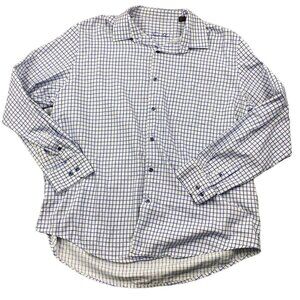 Tasso Elba Mens Checkered Collared Button Front Shirt-White-Size 17-17.5 -GUC